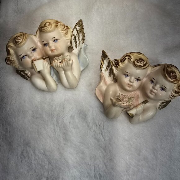 Set of 2 Vintage Sanmyro Double Angels Cherubs Japan Hand Painted Porcelain - Picture 4 of 9